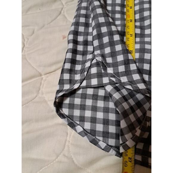 Express The City Womens M Plaid Blk White Button Up Collared Career Top Pockets - Picture 9 of 9